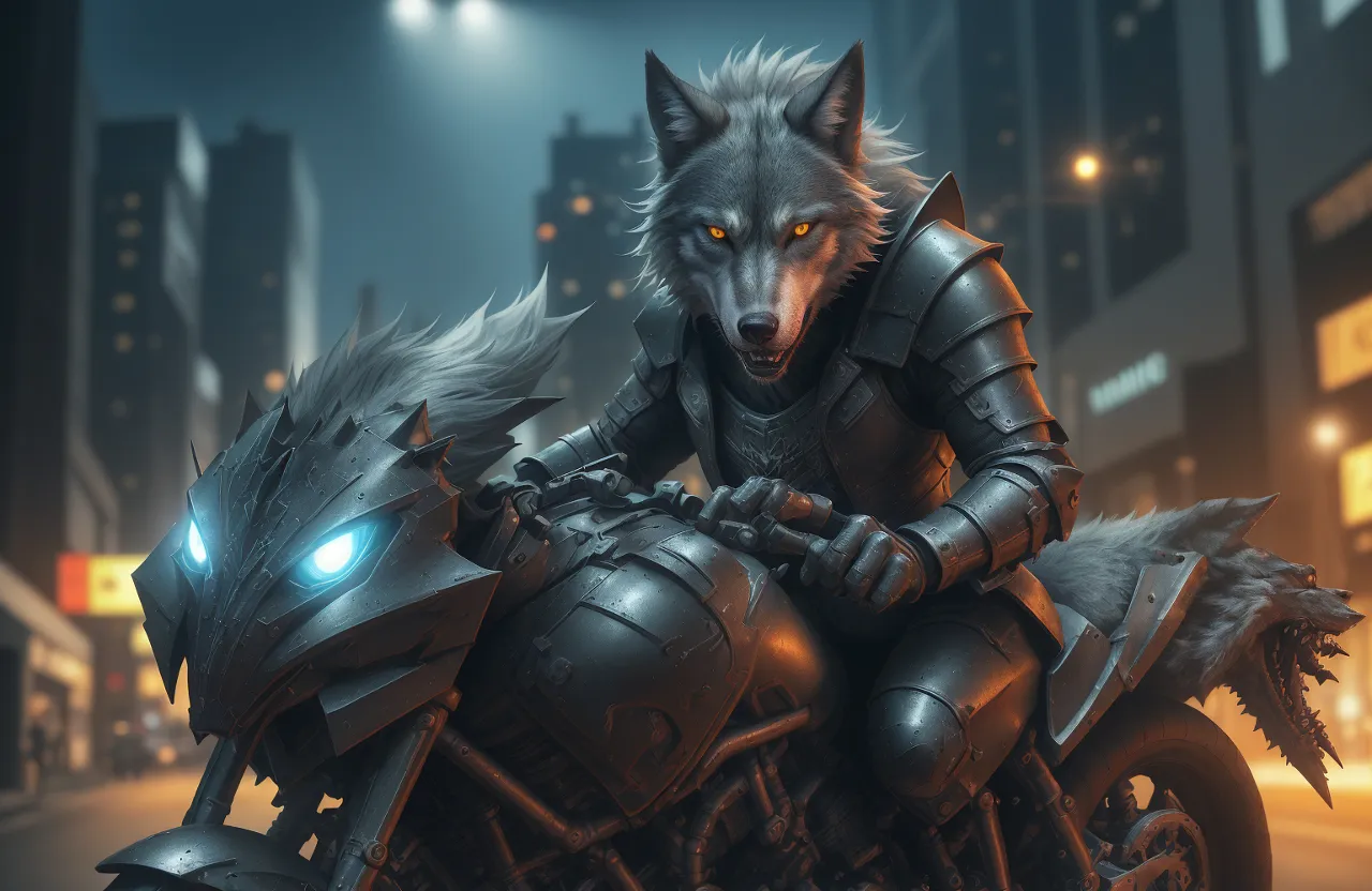 A wolf riding a motorcycle through an abandoned, post-apocalyptic city