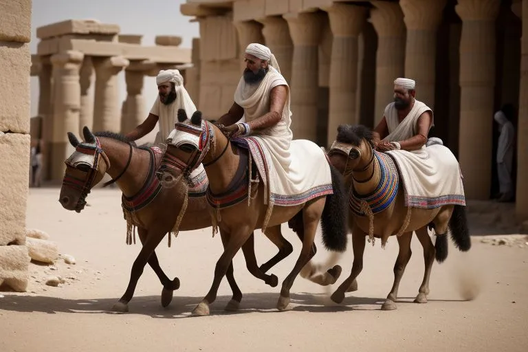 a group of egyptain men riding on the backs of horses