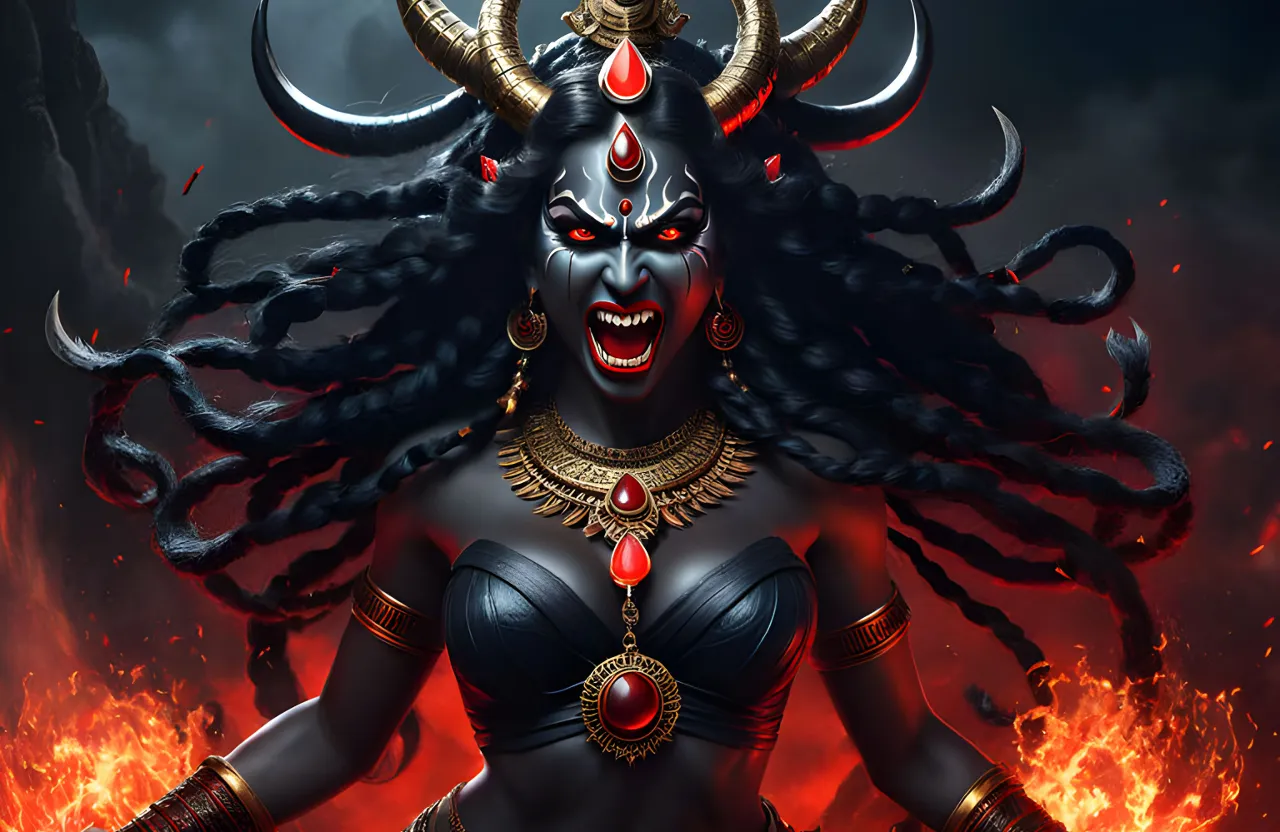 angry kali goddess with red eyes smiling, full body, realistic. she´s fighting a demon