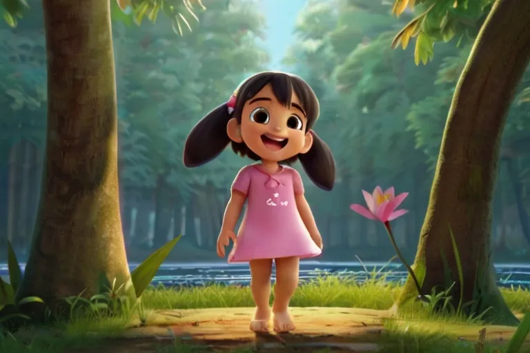 a girl in a pink dress standing in a forest