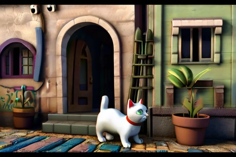 a white cat standing in front of a house