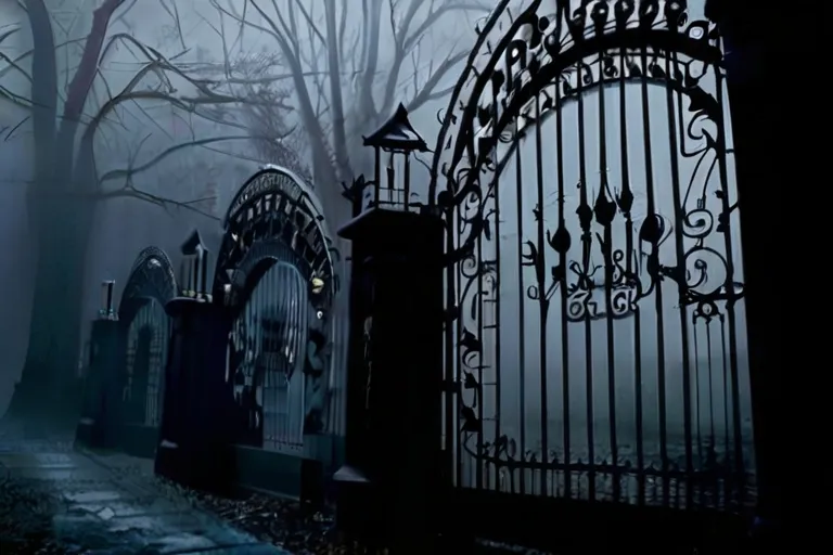 The camera slowly zooms in on the mist-covered gates of Willow Manor, eerie music heightening the tension. 