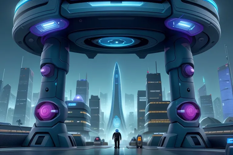 As the machine whirs and flashes, they emerge into a futuristic cityscape unlike anything they've ever seen.