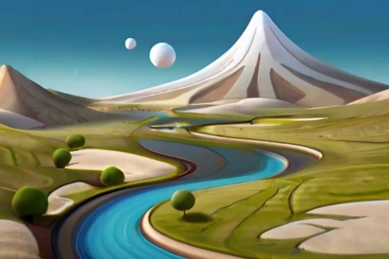 a painting of a river running through a valley