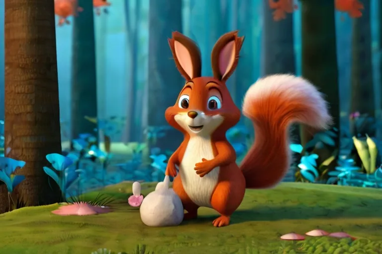 a cartoon squirrel sitting in the middle of a forest "In a magical forest, there lived three best friends: Sammy the squirrel, Molly the rabbit, and Danny the deer."