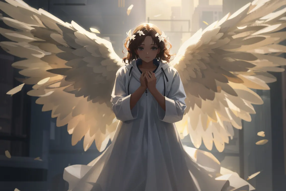 an angel with white wings standing in a room