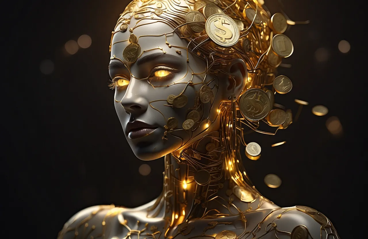 a woman's face with gold coins all over it