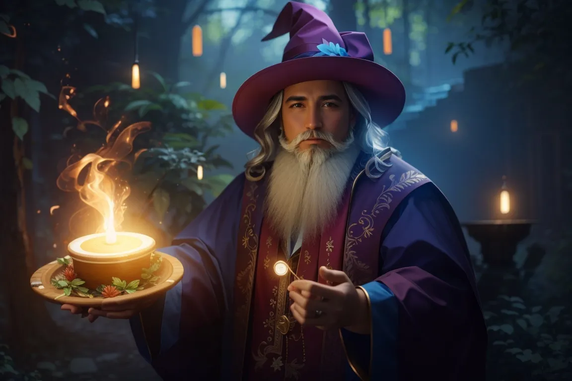 a wizard holding a plate with a candle in it