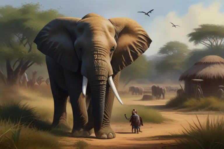 a painting of an elephant and a man on a dirt road