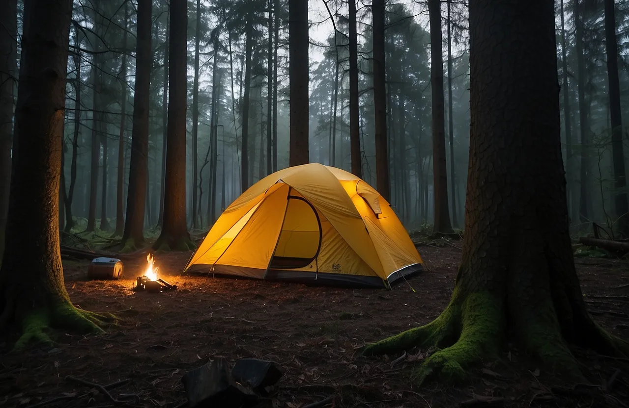 a tent is lit up in the woods