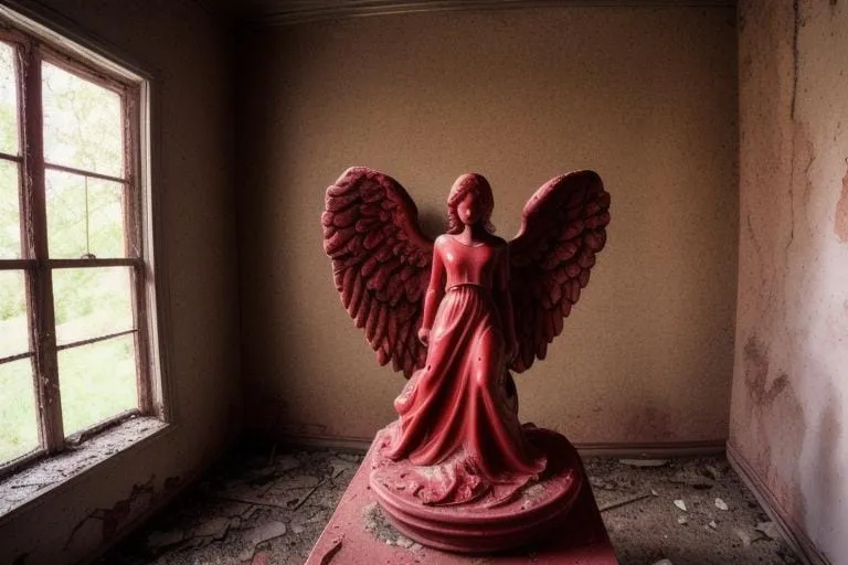 a red angel statue sitting in a room next to a window