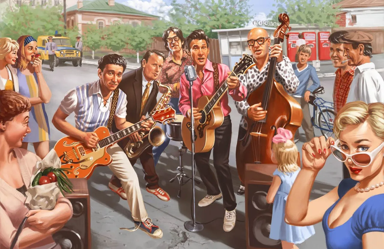 a painting of a group of people playing instruments