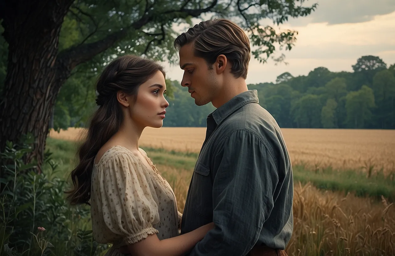 a man and a woman standing next to each other in a field