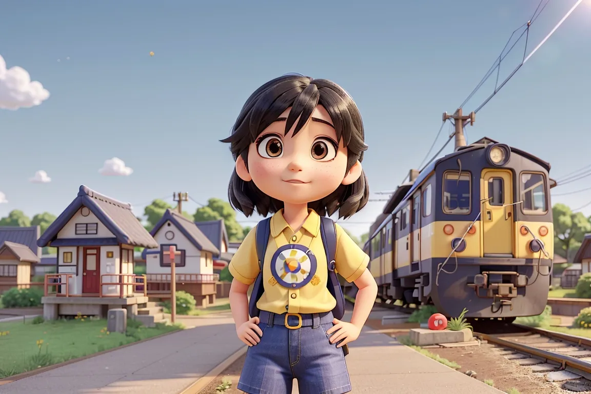 a young girl standing in front of a train