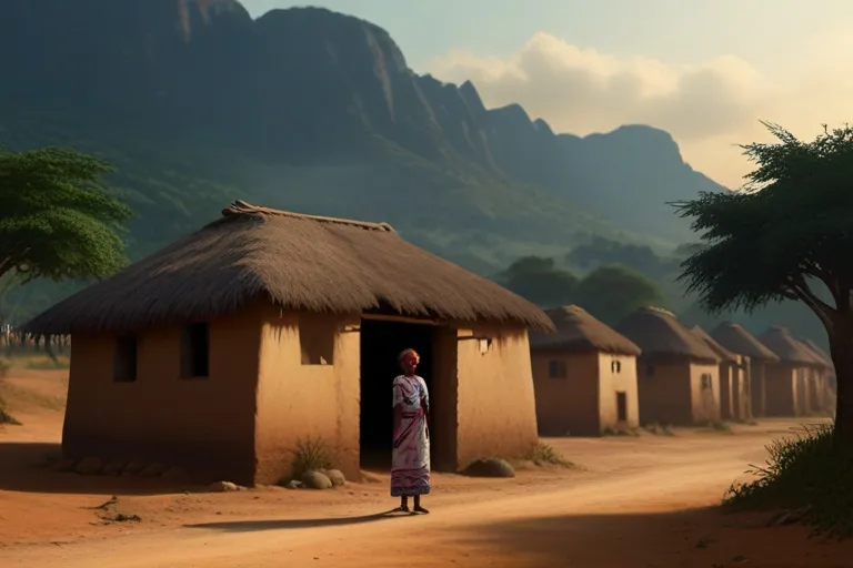 a woman standing in front of a hut on a dirt road