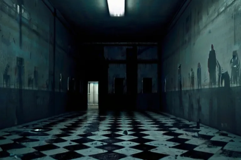 a dark hallway with a checkered floor and a door