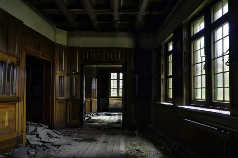 a run down room with wood paneling and windows