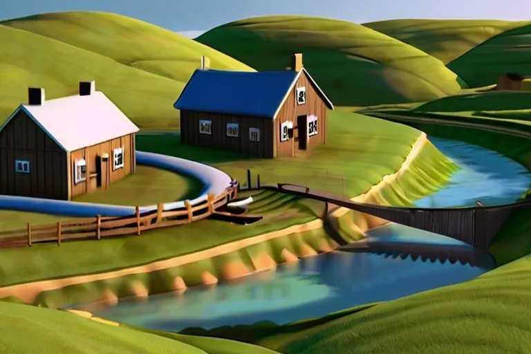 a painting of a farm with a stream running through it