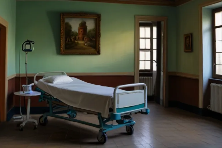 a hospital bed in a room with a painting on the wall