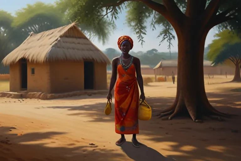 a painting of a woman standing in front of a hut