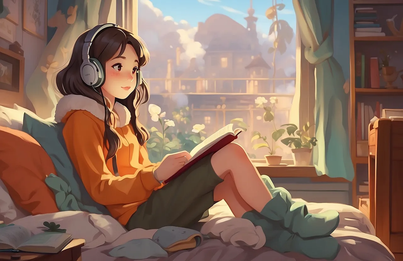 a girl sitting on a bed with headphones on reading a book