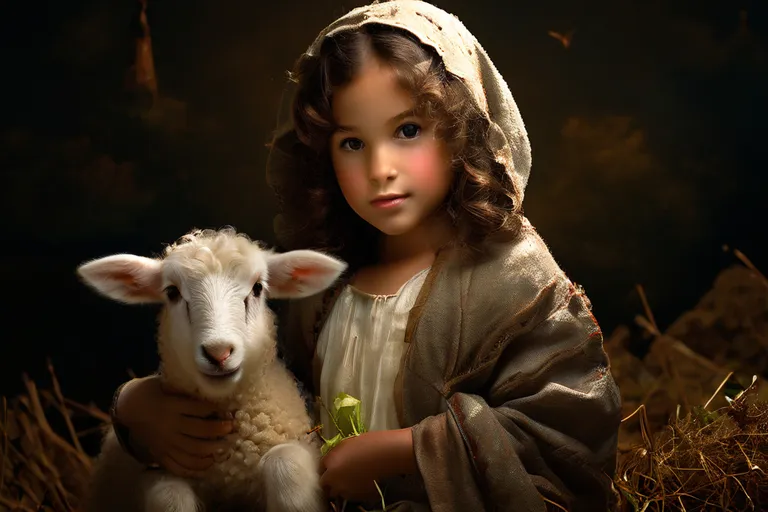 a little girl holding a lamb in a field