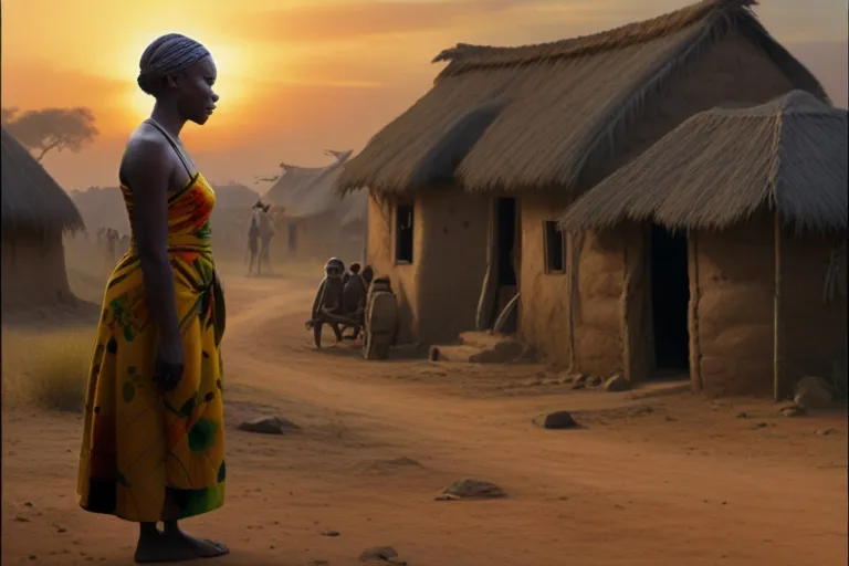 a woman in a yellow dress standing in front of a village