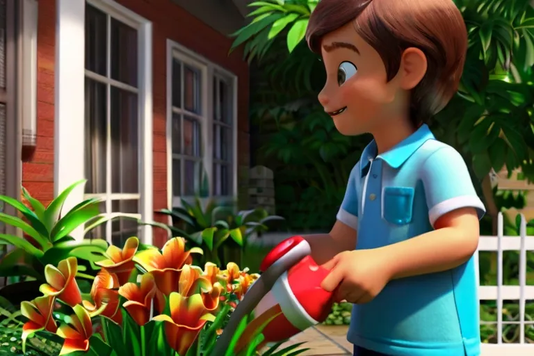 a cartoon boy watering flowers in a garden