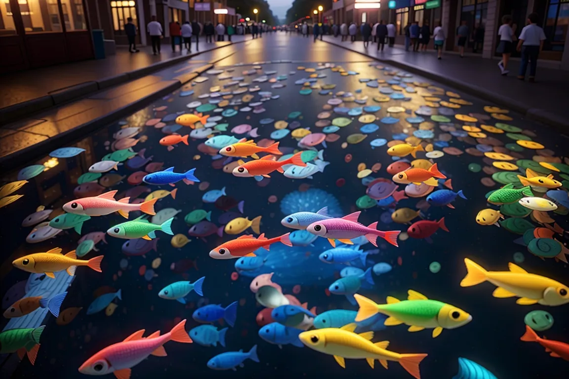 Schools of colorful fish swim through the bustling streets, and bioluminescent plants cast an ethereal glow.