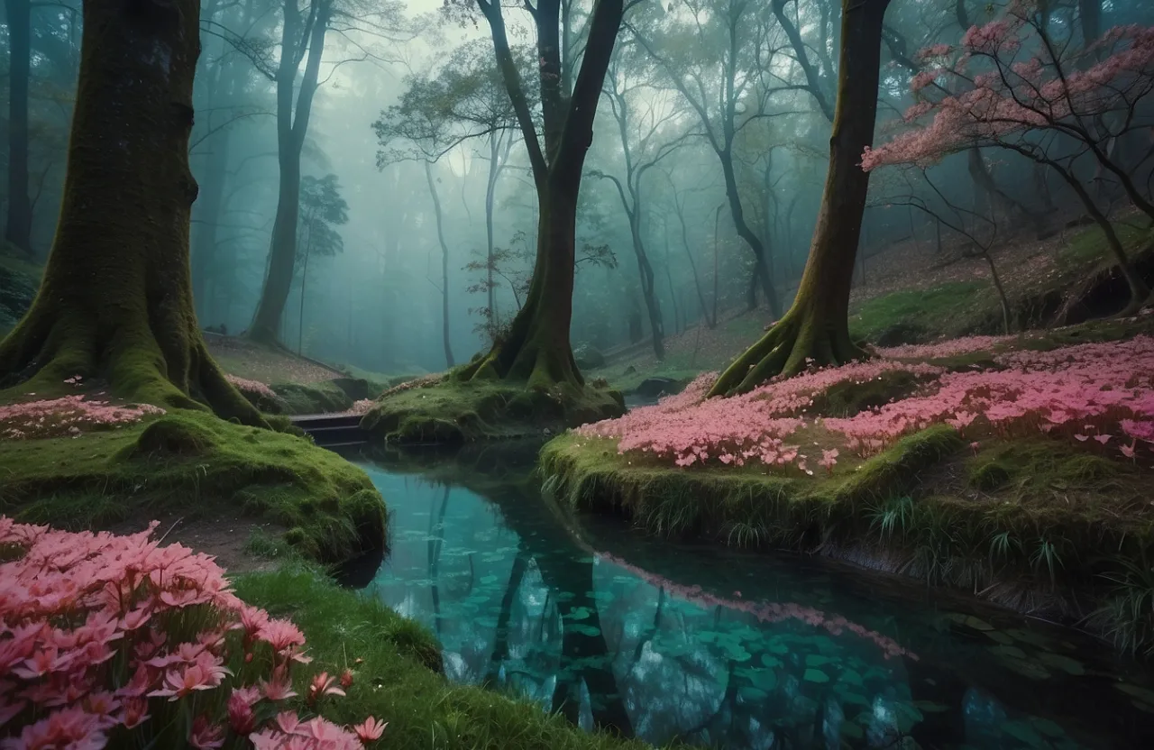 a stream running through a lush green forest