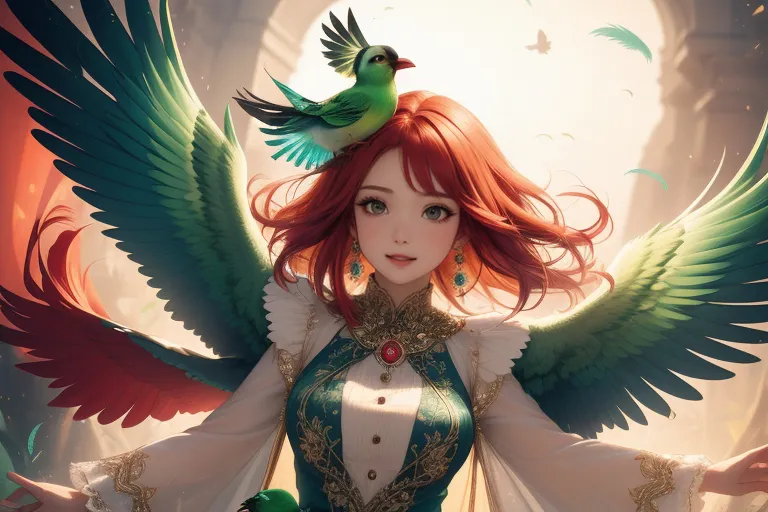 a woman with red hair and a bird on her head