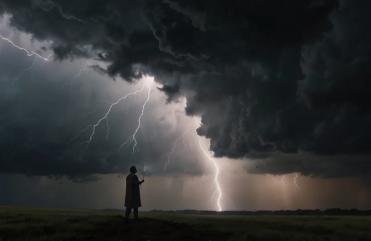 a person standing in a field under a storm km