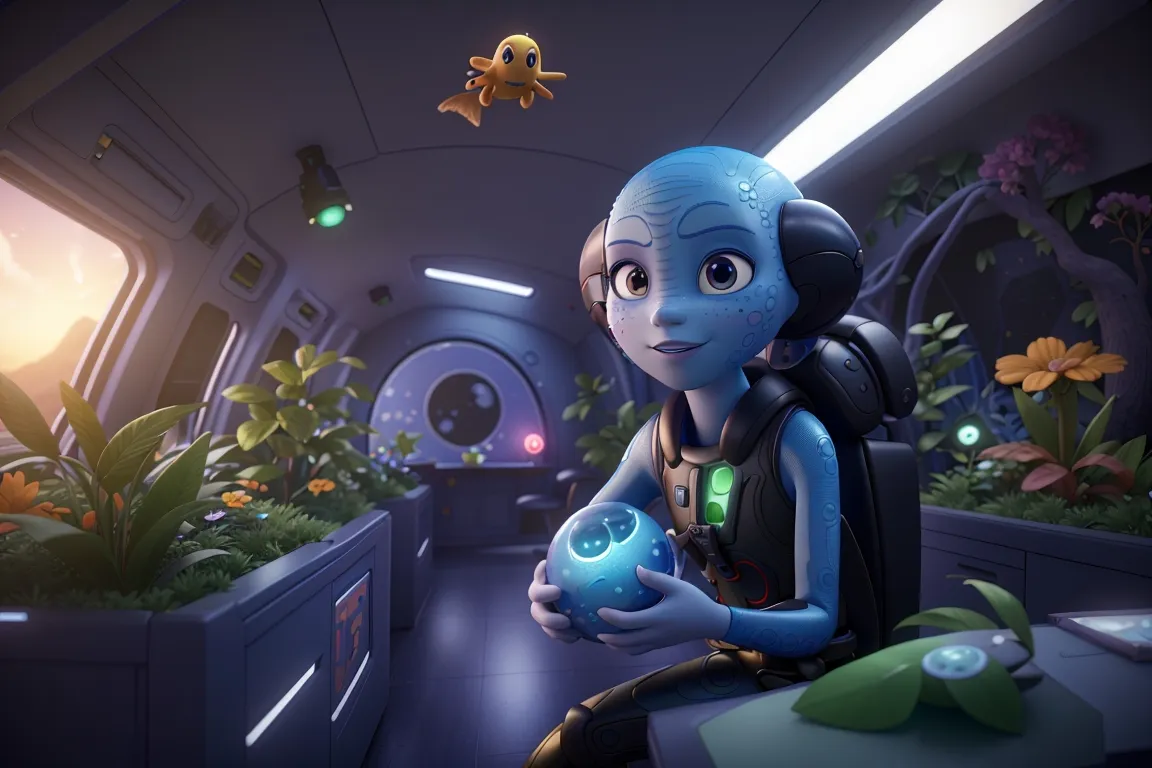 a cartoon character holding a blue object in a space station