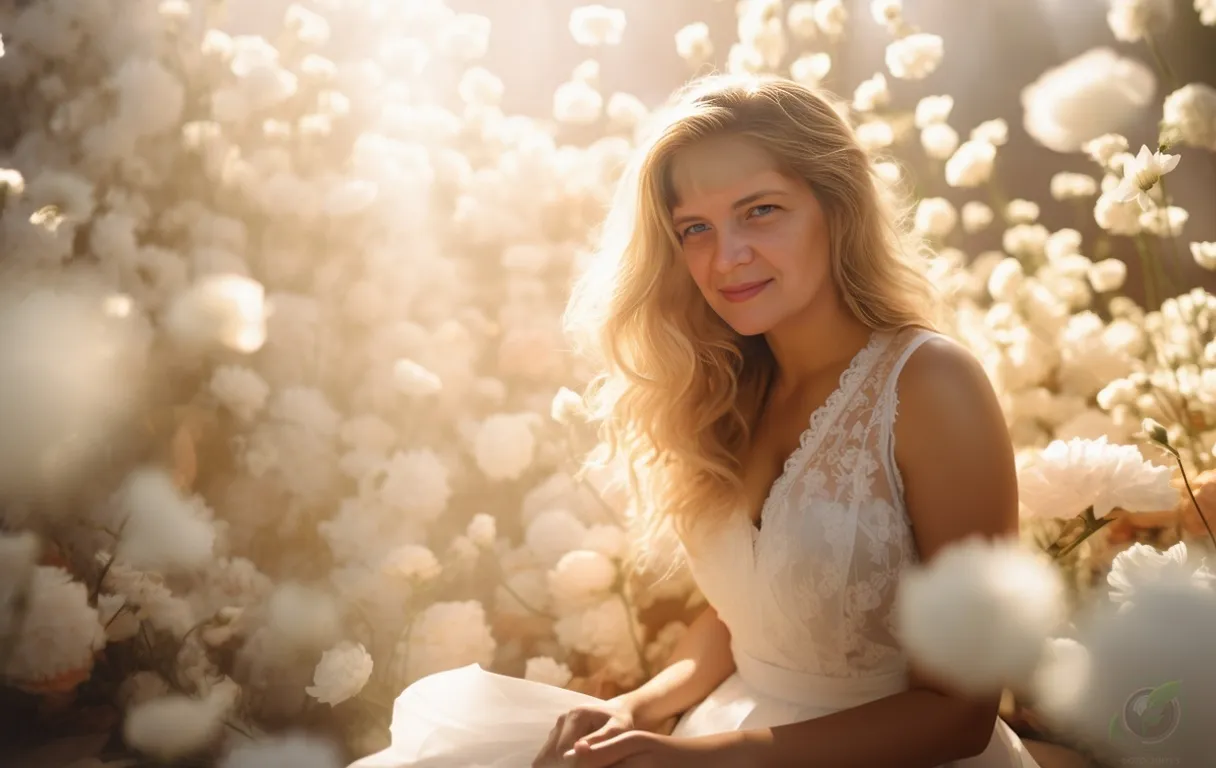 a woman sitting in a field of white flowers motionless background , hair movement from the wind