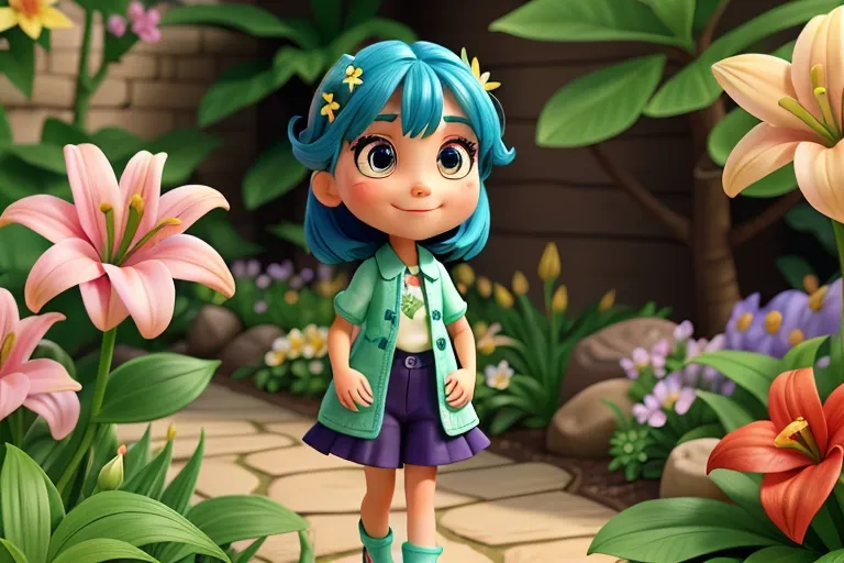 Lily's eyes sparkle with excitement as she explores a colorful garden, her fingers trailing over fragrant flowers and verdant leaves, her imagination ignited by the beauty around her.

