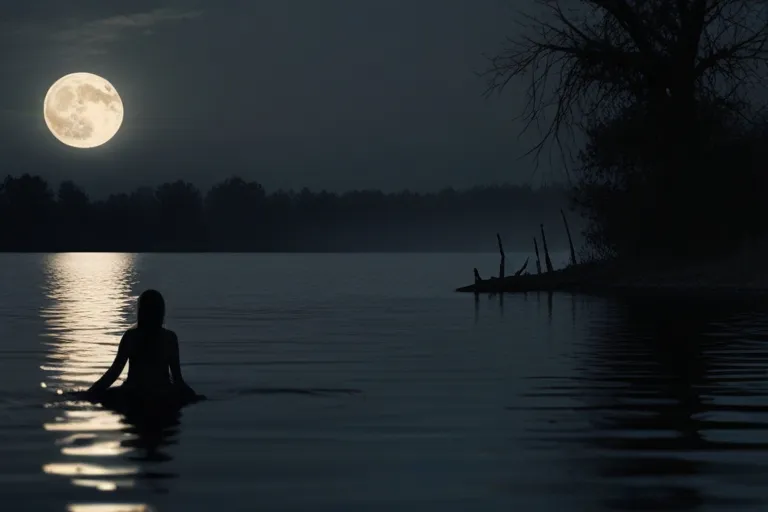 a woman is sitting in the water at night