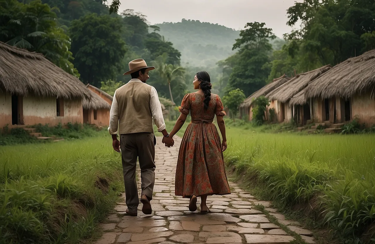 a man and a woman walking down a path holding hands