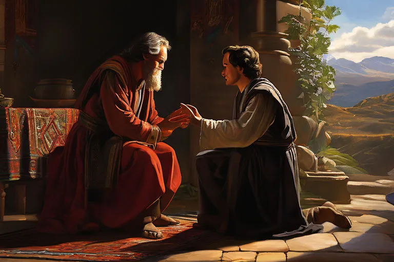 a painting of jesus talking to a woman