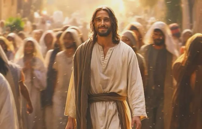 jesus walking through a crowd of people