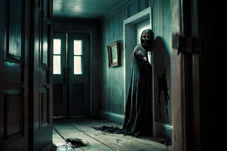 a person in a creepy costume standing in a hallway