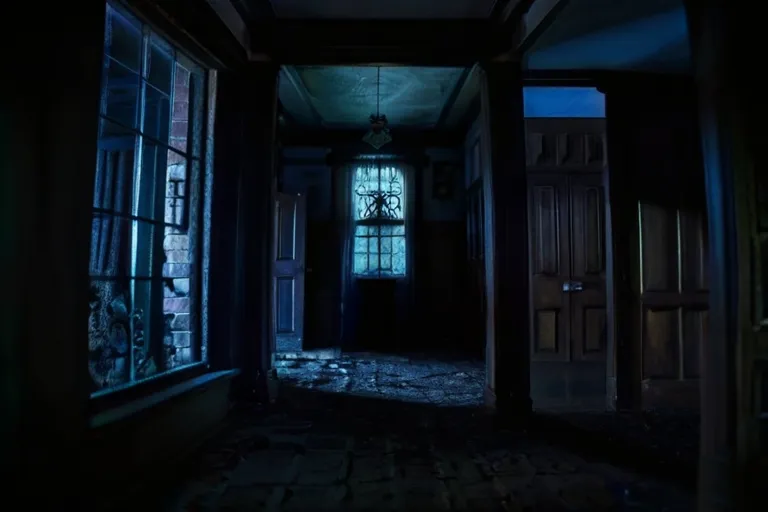 a dark hallway with a clock on the wall