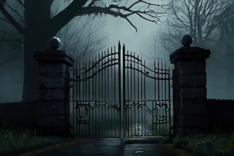 The camera slowly zooms in on the mist-covered gates of Willow Manor, eerie music heightening the tension.