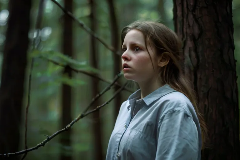 a woman standing in the middle of a forest