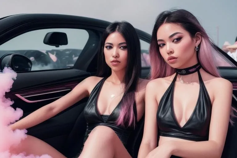 two beautiful women sitting next to a car