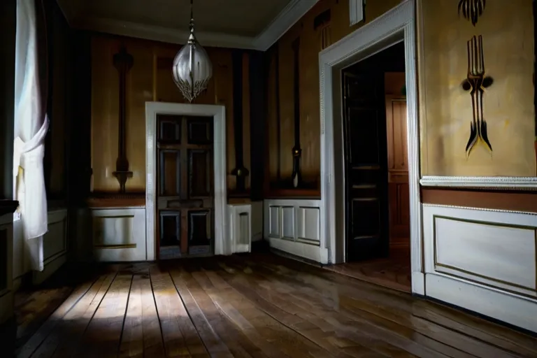 an empty room with wooden floors and a chandelier