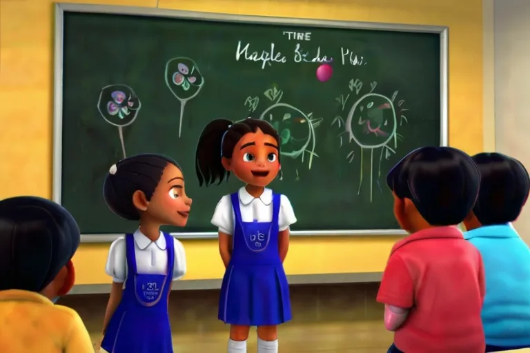 a group of children standing in front of a chalkboard