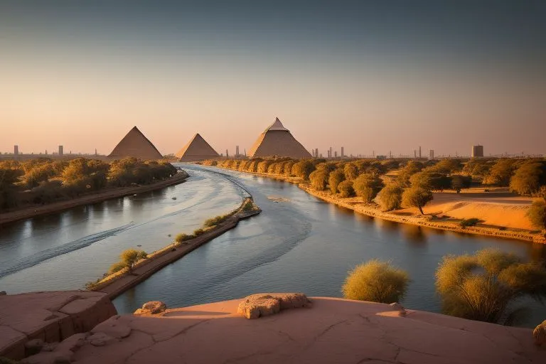 a river running through a desert with three pyramids in the background