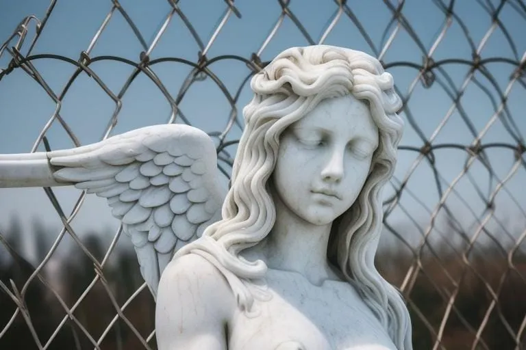 a statue of a woman with angel wings behind a chain link fence