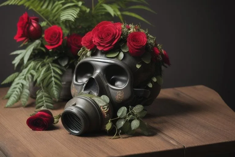 a skull vase with roses in it sitting on a table