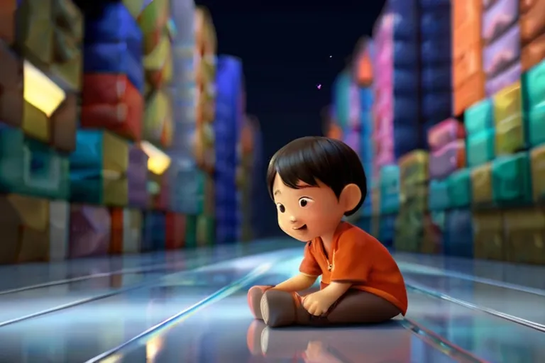 a little boy sitting on the floor in front of stacks of boxes